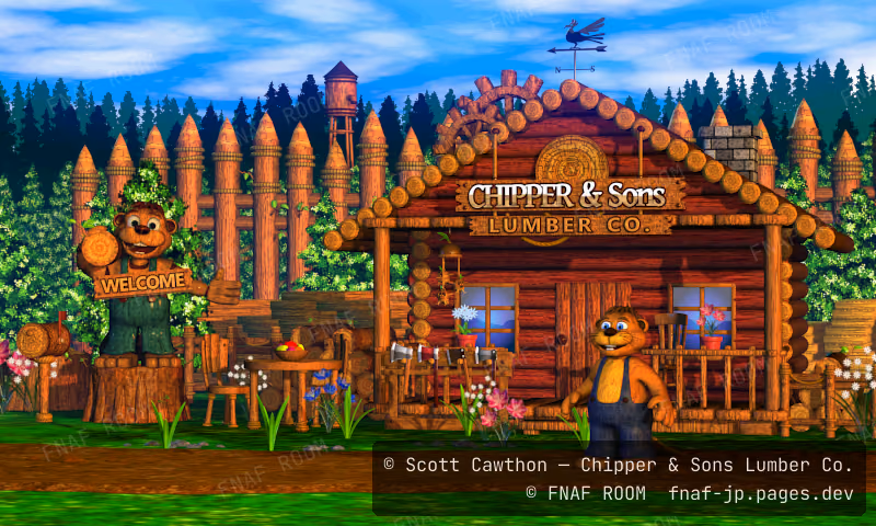 森の中の Chipper & Sons Lumber Co. の小屋と、前に立つ父さんの Chipper