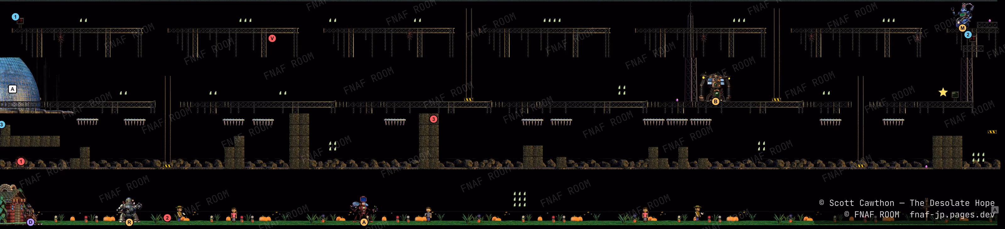 Malwastes の全体の地図。ウイルスの玉・お店・アクセスパネル・ハックチップ・ドアの位置に印がある