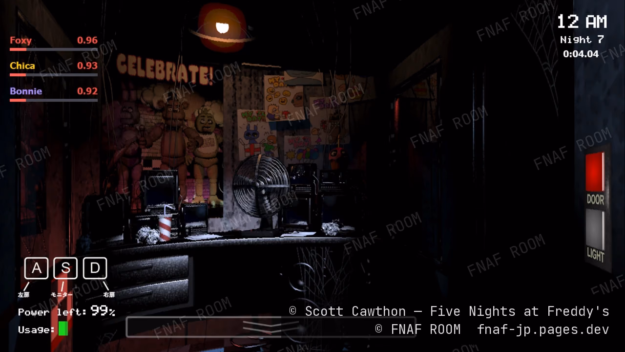 FNAF1の警備室。左上にFoxy・Chica・Bonnieの判定までの残り時間が、数字とバーで表示されている