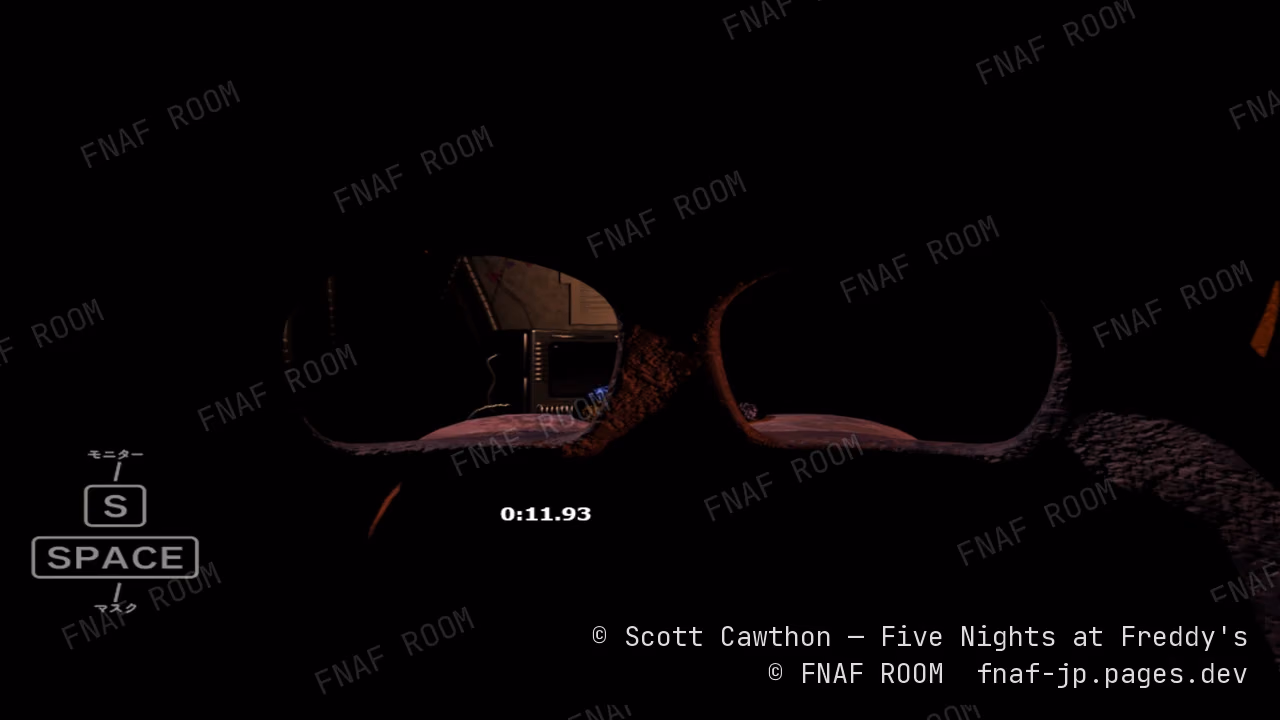 FNAF2でマスクをかぶっている画面。マスクの内側でもタイマーが表示されている