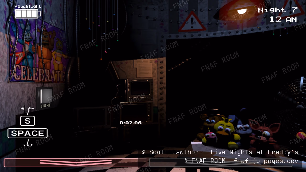 FNAF2の警備室。画面の中央にタイマー、左下にSキーとスペースキーの案内が表示されている