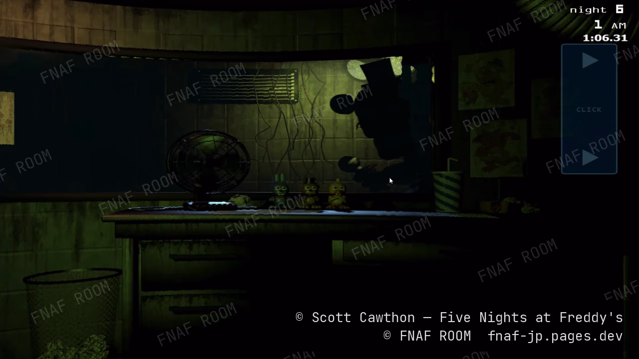 FNAF3の警備室。正面の窓の外を、Phantom Freddyの黒い影が横切っている